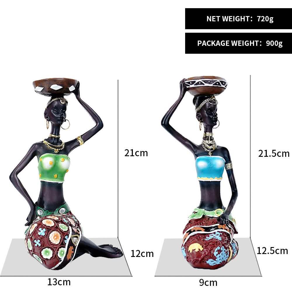 African Resin Women Statues – Handcrafted Decorative Figurine Set - Candle Holder - Set -