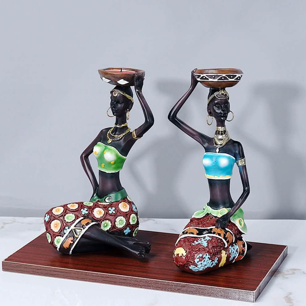 African Resin Women Statues – Handcrafted Decorative Figurine Set - Candle Holder - Blue -