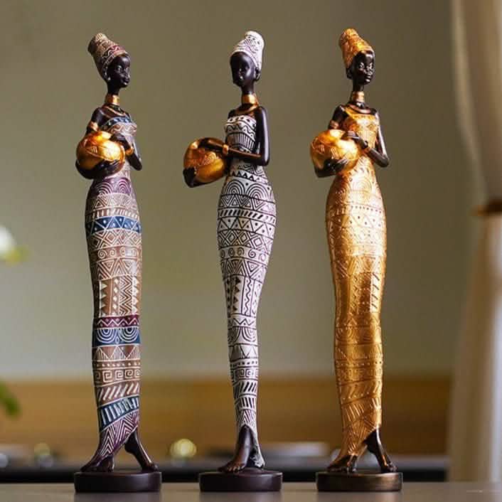 African Tribal Lady Resin Sculptures – Elegant Cultural Figurine Set (Multicolour, White, Gold) - Black and white -