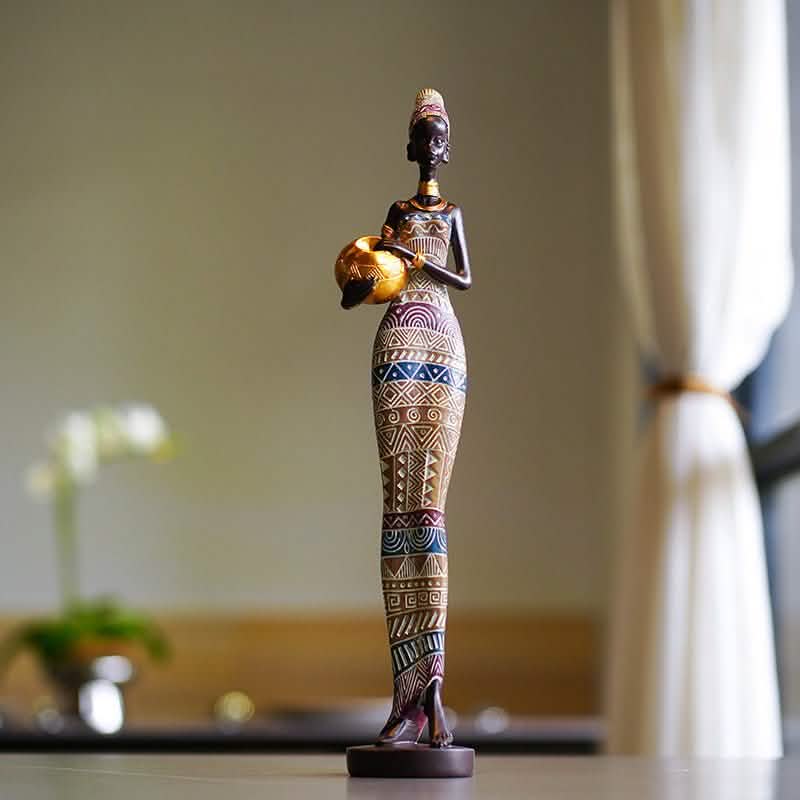 African Tribal Lady Resin Sculptures – Elegant Cultural Figurine Set (Multicolour, White, Gold) - Black and white -