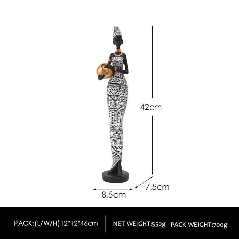 African Tribal Lady Resin Sculptures – Elegant Cultural Figurine Set (Multicolour, White, Gold) - Black and white -