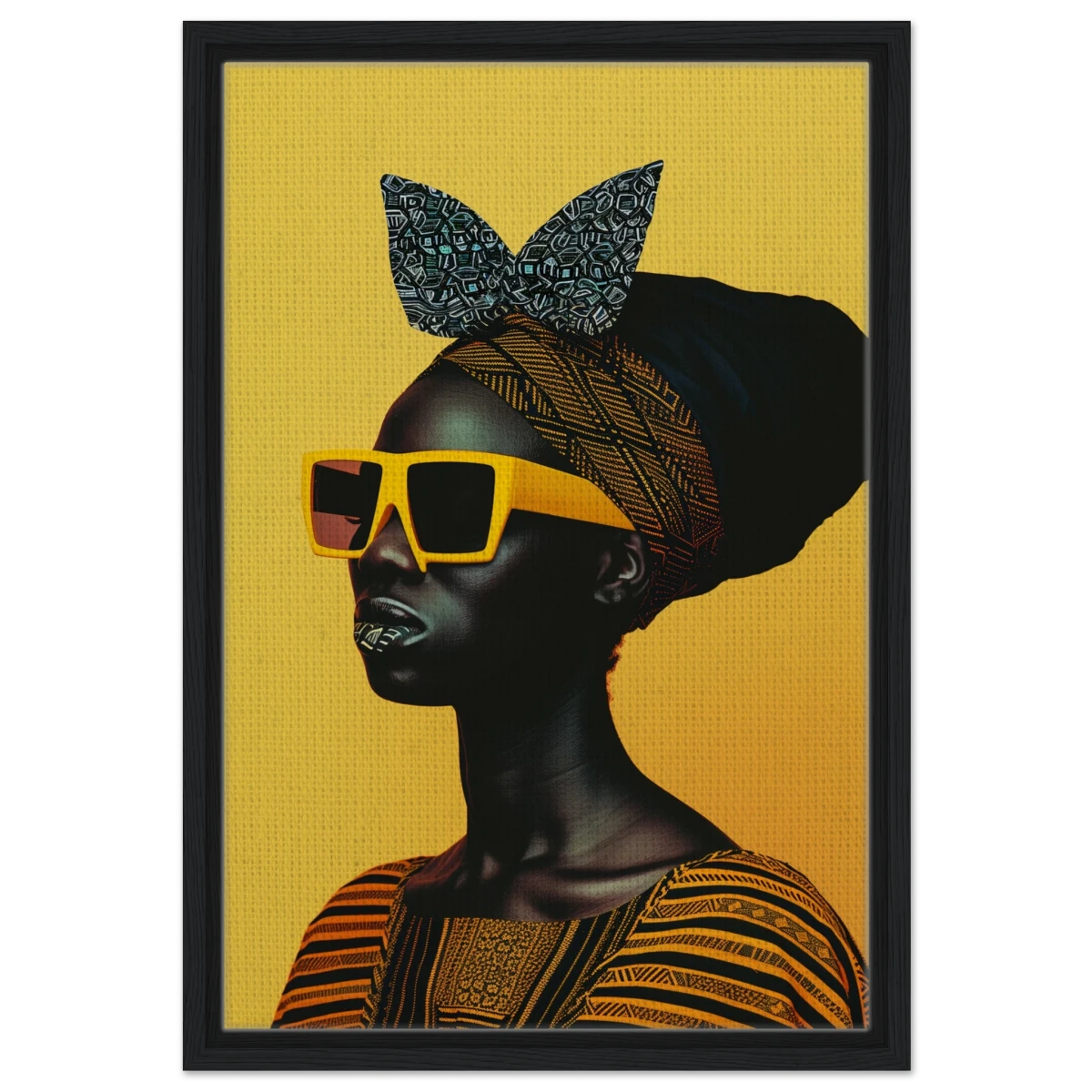 AfroFuturist Muse – Bold Afrocentric Portrait Wall Art Print - Framed Canvas - 40x60 cm / 16x24″ - Black frame