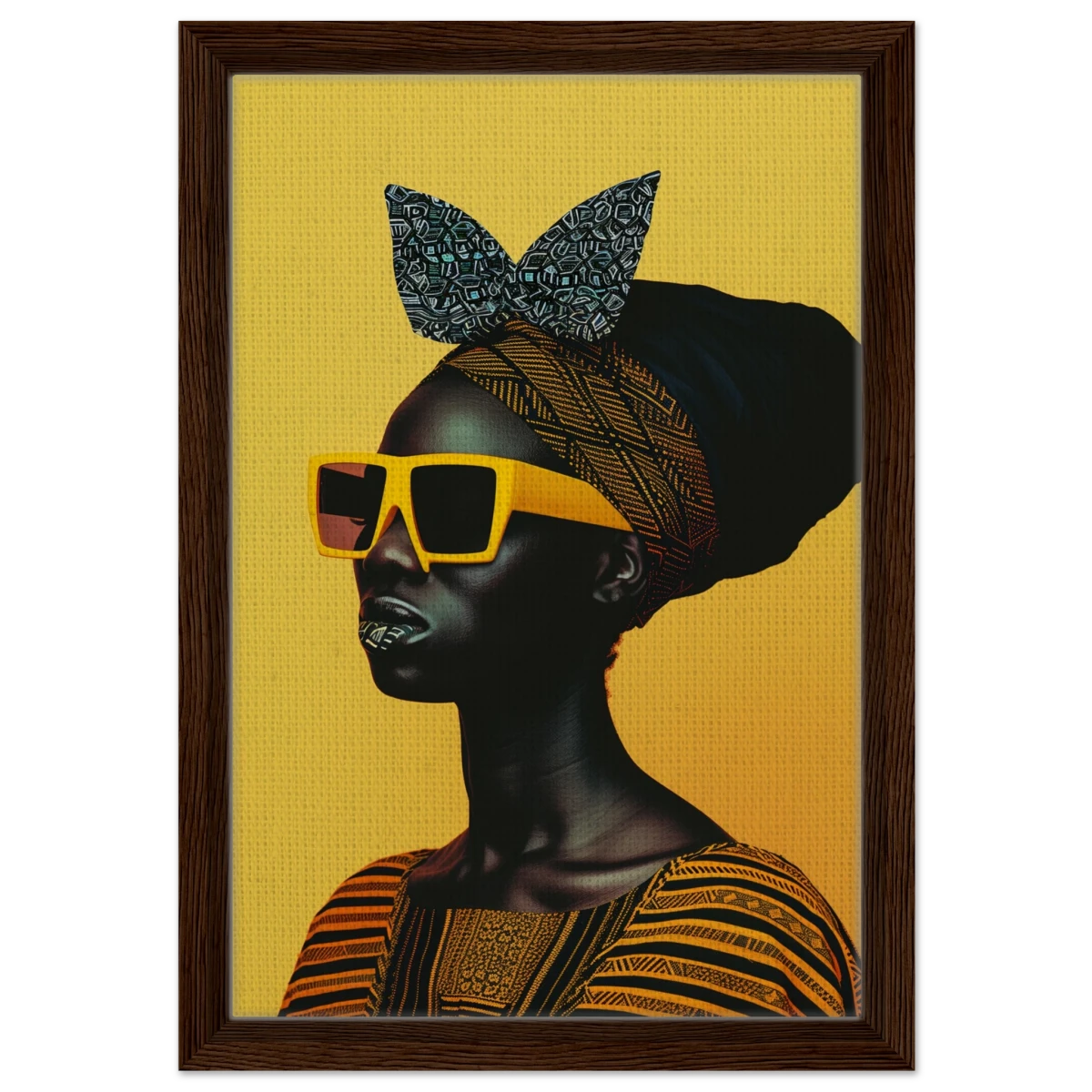 AfroFuturist Muse – Bold Afrocentric Portrait Wall Art Print - Framed Canvas - 30x45 cm / 12x18″ - Dark wood frame
