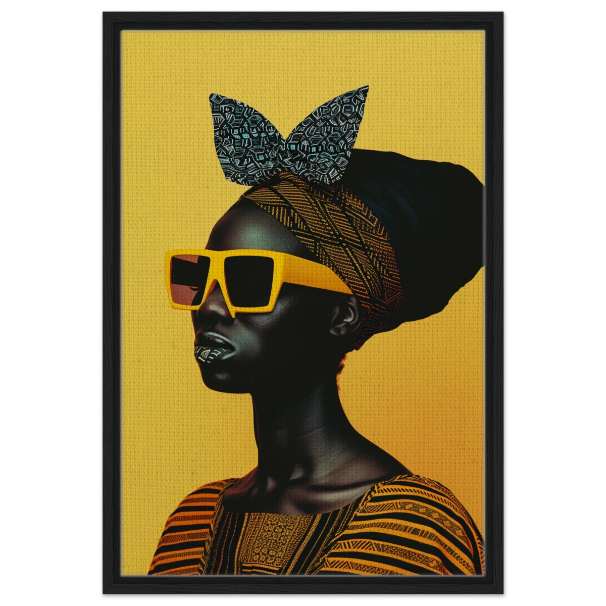 AfroFuturist Muse – Bold Afrocentric Portrait Wall Art Print - Framed Canvas - 50x75 cm / 20x30″ - Black frame