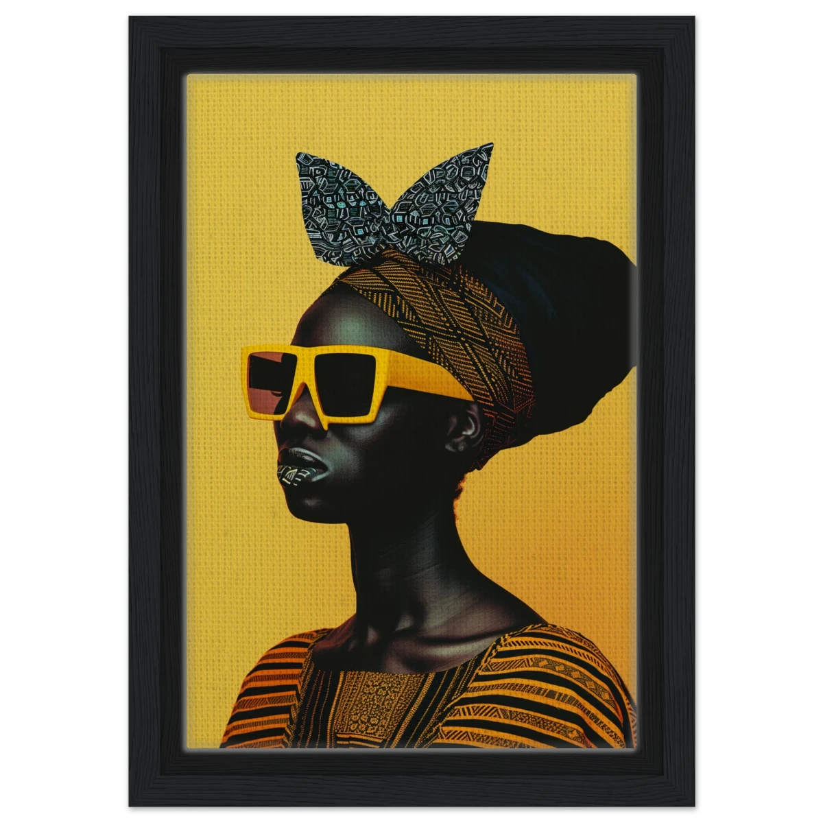 AfroFuturist Muse – Bold Afrocentric Portrait Wall Art Print - Framed Canvas - 20x30 cm / 8x12″ - Black frame