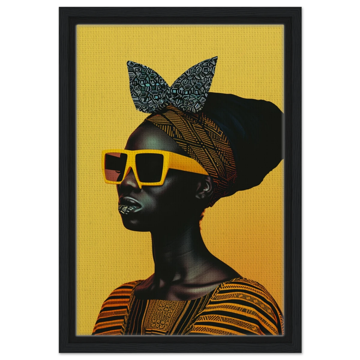 AfroFuturist Muse – Bold Afrocentric Portrait Wall Art Print - Framed Canvas - 30x45 cm / 12x18″ - Black frame