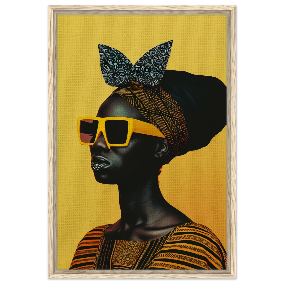 AfroFuturist Muse – Bold Afrocentric Portrait Wall Art Print - Framed Canvas - 50x75 cm / 20x30″ - Wood frame