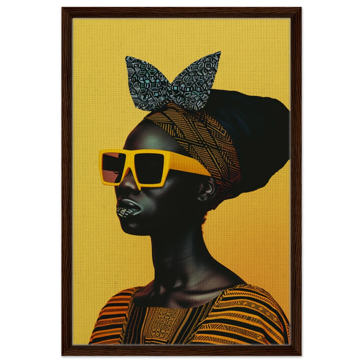 AfroFuturist Muse – Bold Afrocentric Portrait Wall Art Print - Framed Canvas - 50x75 cm / 20x30″ - Dark wood frame