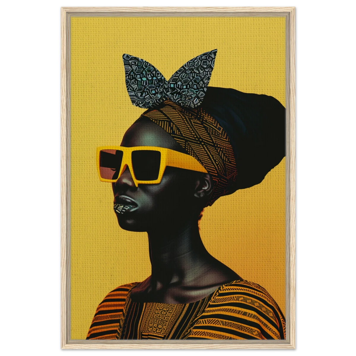 AfroFuturist Muse – Bold Afrocentric Portrait Wall Art Print - Framed Canvas - 60x90 cm / 24x36″ - Wood frame
