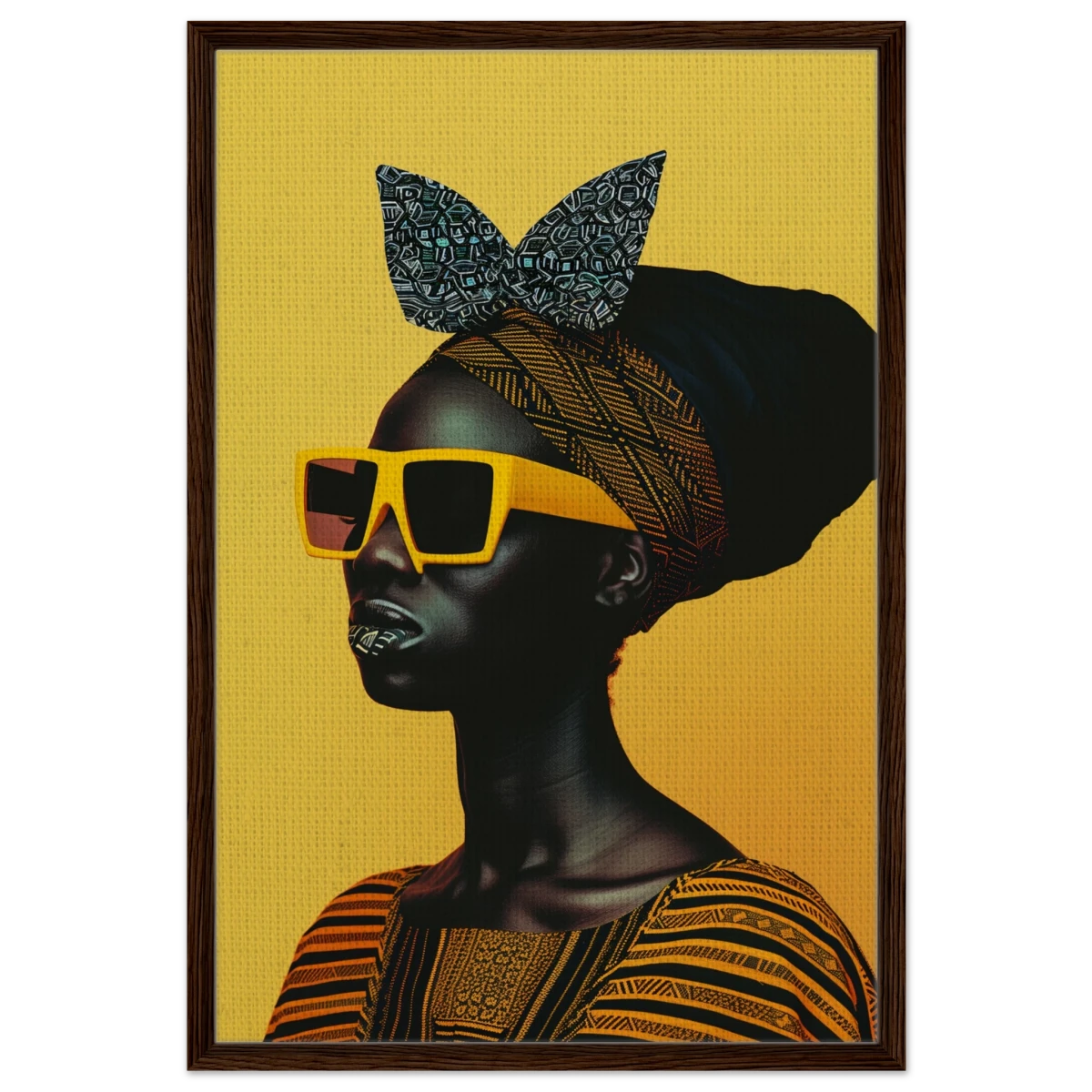AfroFuturist Muse – Bold Afrocentric Portrait Wall Art Print - Framed Canvas - 60x90 cm / 24x36″ - Dark wood frame