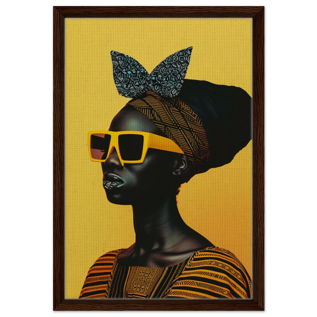 AfroFuturist Muse – Bold Afrocentric Portrait Wall Art Print - Framed Canvas - 40x60 cm / 16x24″ - Dark wood frame