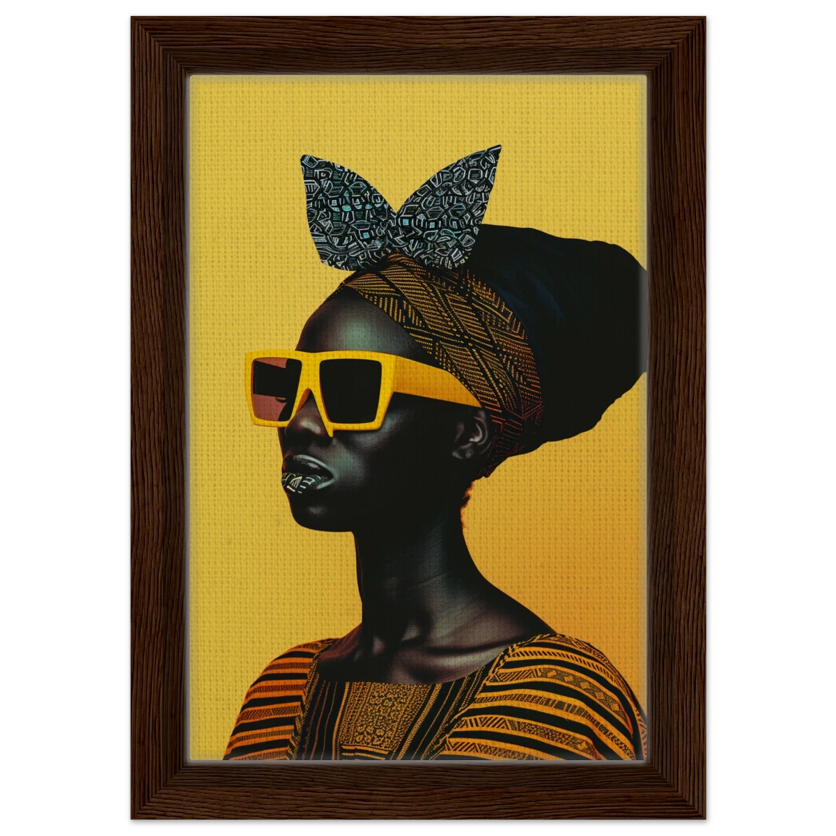 AfroFuturist Muse – Bold Afrocentric Portrait Wall Art Print - Framed Canvas - 20x30 cm / 8x12″ - Dark wood frame