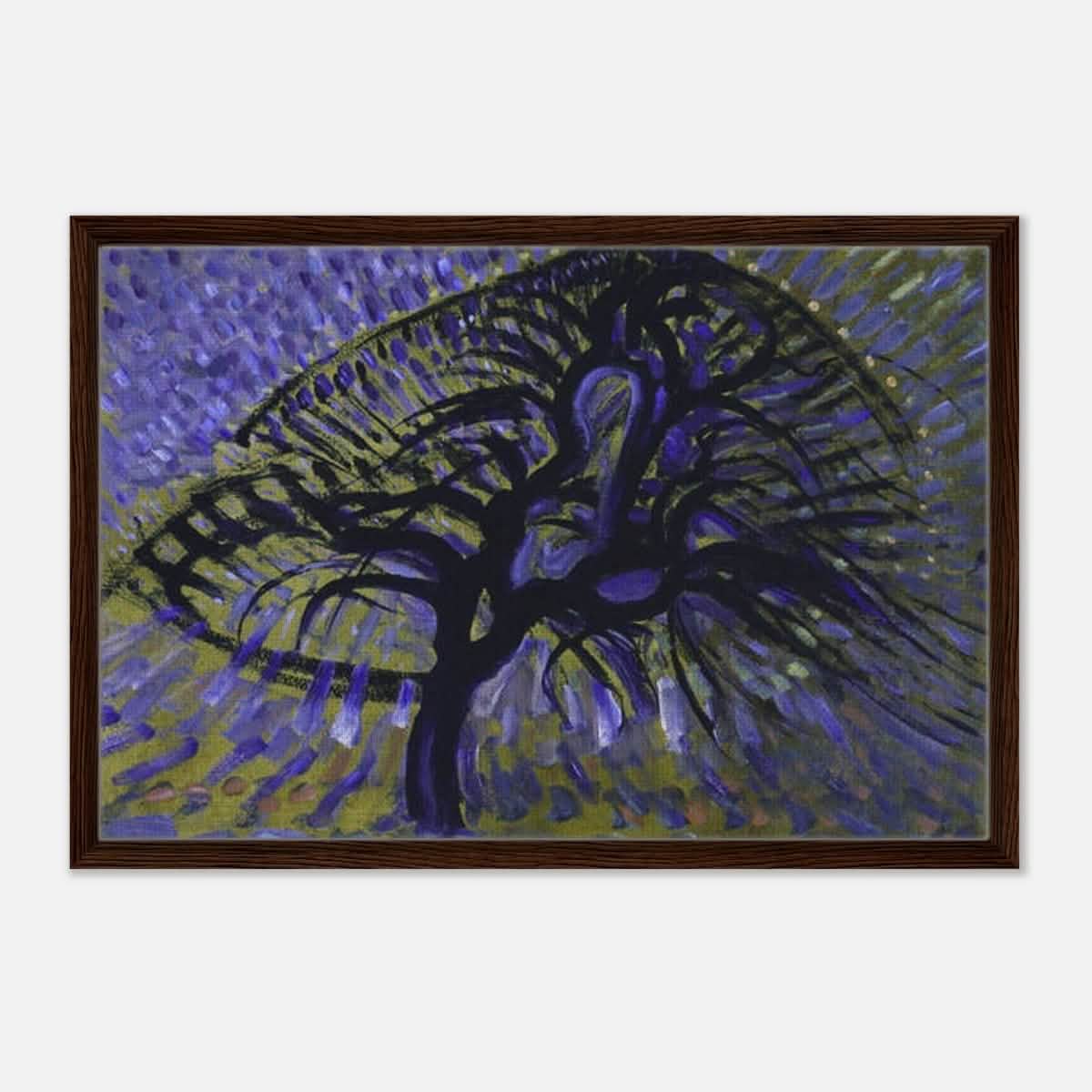 Apple Tree, Pointillist Version (1908–1909) by Piet Mondrian | Vintage wall art print - Framed Canvas - 50x75 cm / 20x30″ - Dark wood frame