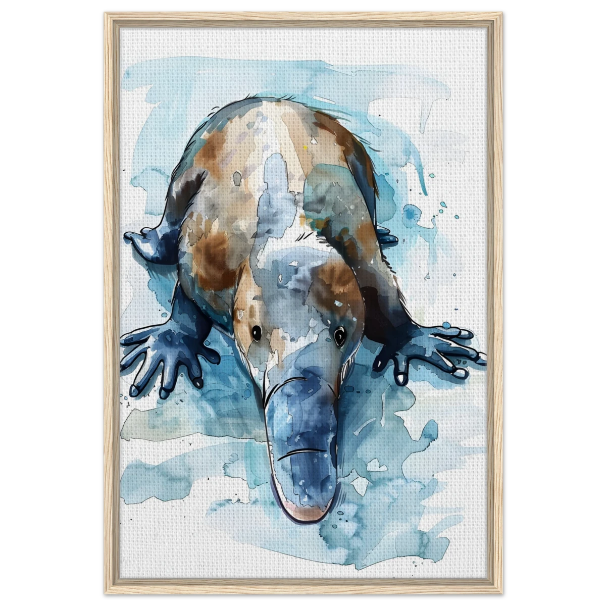 Aqua Explorer | Platypus | Modern watercolor - inspired animal art - 60x90 cm / 24x36″ - Framed Canvas - Wood frame