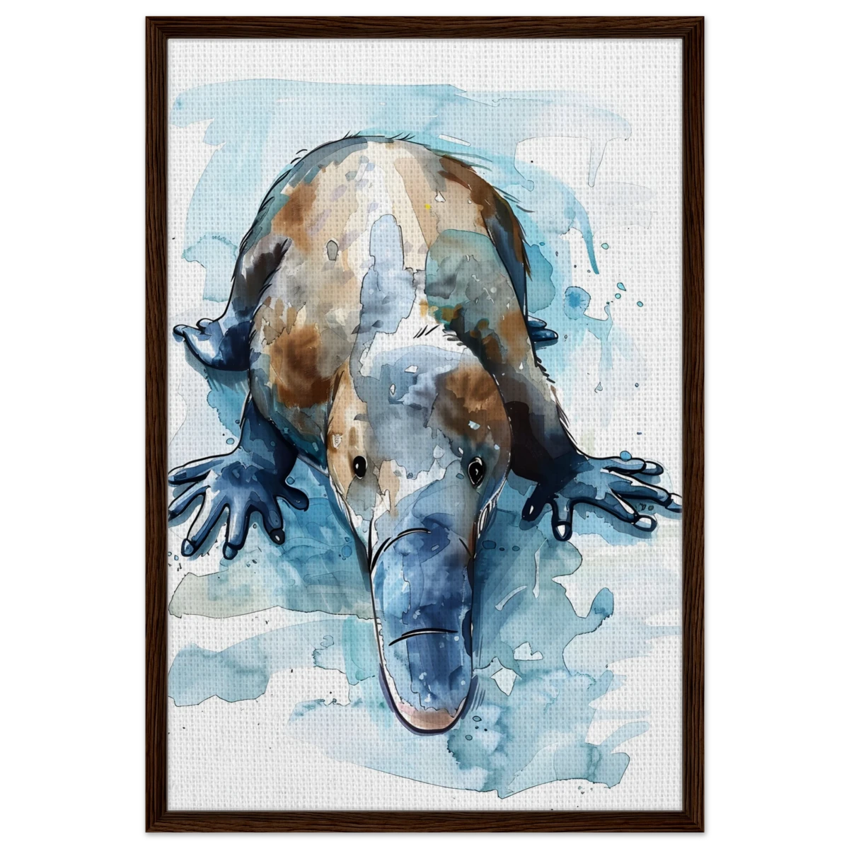 Aqua Explorer | Platypus | Modern watercolor - inspired animal art - 60x90 cm / 24x36″ - Framed Canvas - Dark wood frame