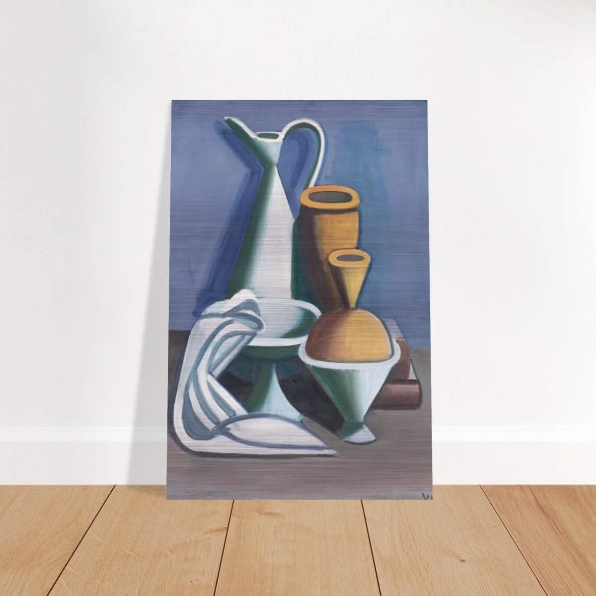 Arrangement with watering can, towel and jars by Vilhelm Lundstrøm | Vintage wall art print | Cubism - Brushed Aluminum Print - 60x90 cm / 24x36″ -