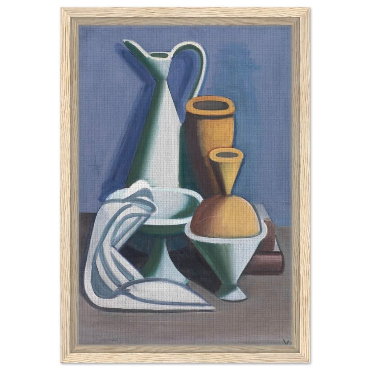 Arrangement with watering can, towel and jars by Vilhelm Lundstrøm | Vintage wall art print | Cubism - Framed Canvas - 30x45 cm / 12x18″ - Wood frame