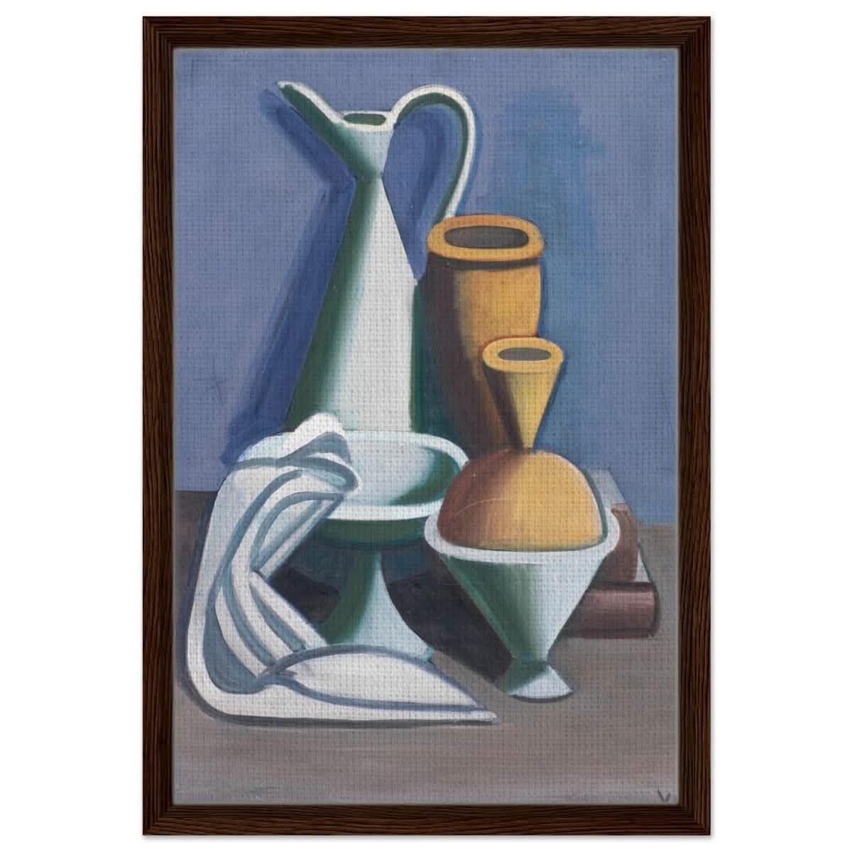 Arrangement with watering can, towel and jars by Vilhelm Lundstrøm | Vintage wall art print | Cubism - Framed Canvas - 40x60 cm / 16x24″ - Dark wood frame