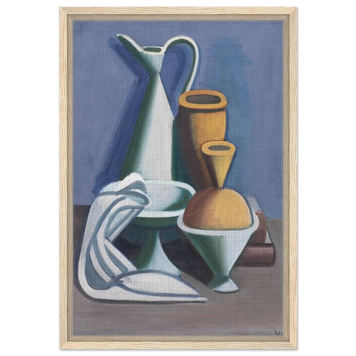Arrangement with watering can, towel and jars by Vilhelm Lundstrøm | Vintage wall art print | Cubism - Framed Canvas - 40x60 cm / 16x24″ - Wood frame
