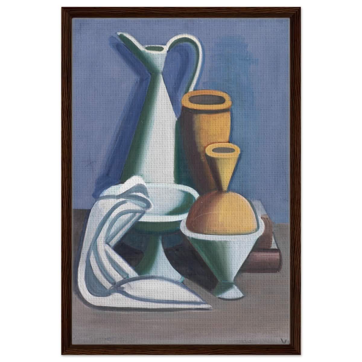 Arrangement with watering can, towel and jars by Vilhelm Lundstrøm | Vintage wall art print | Cubism - Framed Canvas - 50x75 cm / 20x30″ - Dark wood frame