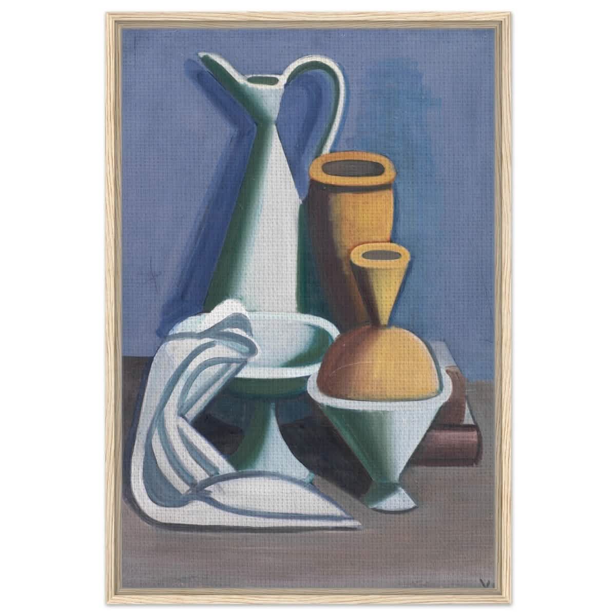 Arrangement with watering can, towel and jars by Vilhelm Lundstrøm | Vintage wall art print | Cubism - Framed Canvas - 60x90 cm / 24x36″ - Wood frame