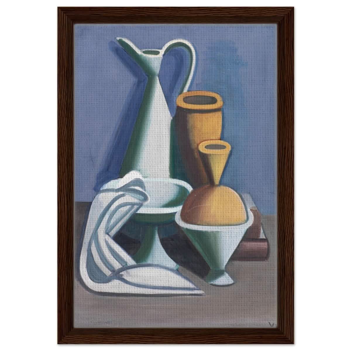 Arrangement with watering can, towel and jars by Vilhelm Lundstrøm | Vintage wall art print | Cubism - Framed Canvas - 30x45 cm / 12x18″ - Dark wood frame