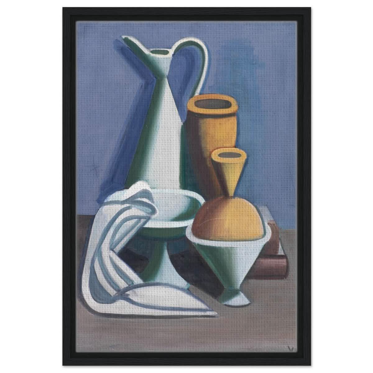 Arrangement with watering can, towel and jars by Vilhelm Lundstrøm | Vintage wall art print | Cubism - Framed Canvas - 40x60 cm / 16x24″ - Black frame