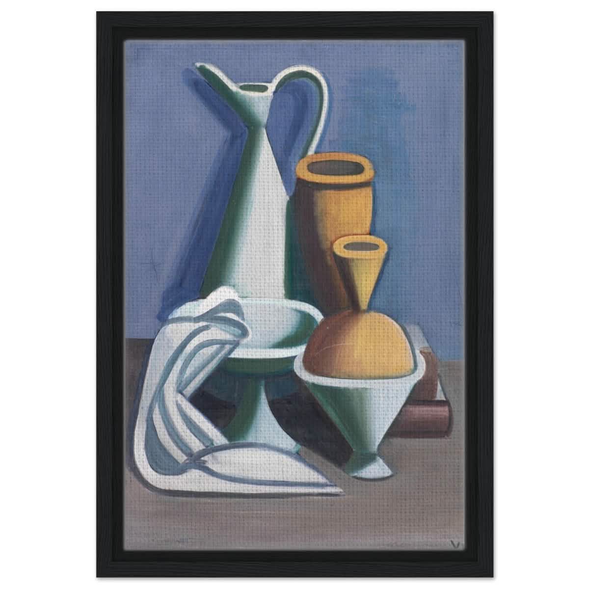 Arrangement with watering can, towel and jars by Vilhelm Lundstrøm | Vintage wall art print | Cubism - Framed Canvas - 30x45 cm / 12x18″ - Black frame