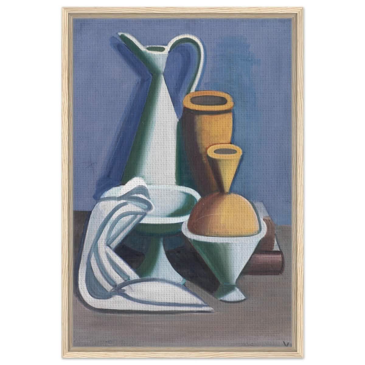 Arrangement with watering can, towel and jars by Vilhelm Lundstrøm | Vintage wall art print | Cubism - Framed Canvas - 50x75 cm / 20x30″ - Wood frame