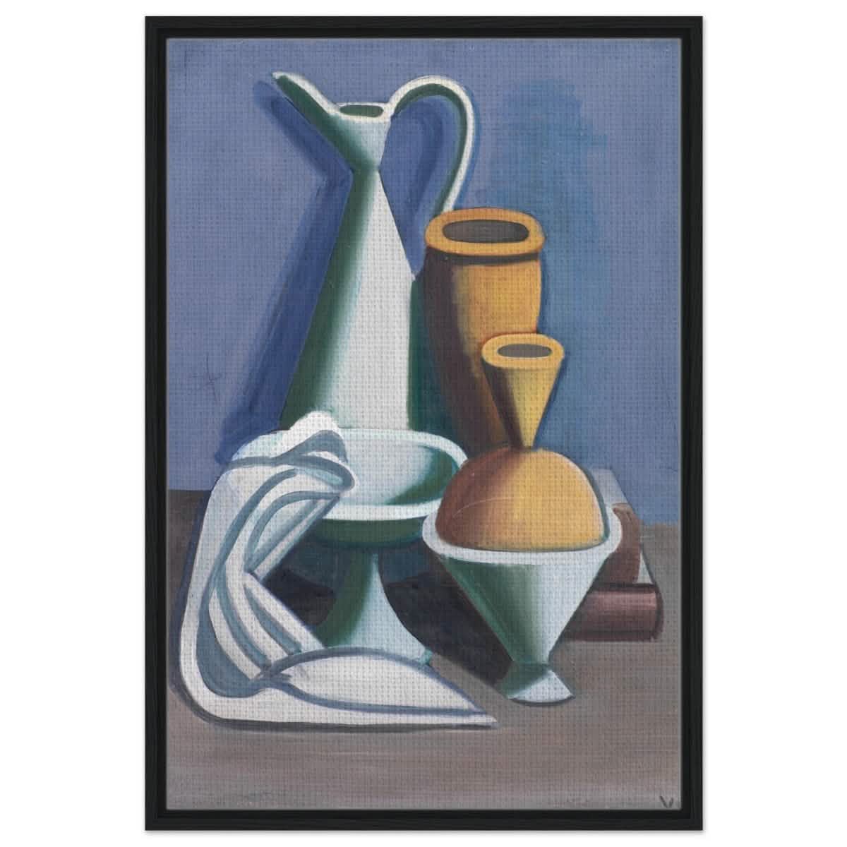 Arrangement with watering can, towel and jars by Vilhelm Lundstrøm | Vintage wall art print | Cubism - Framed Canvas - 60x90 cm / 24x36″ - Black frame