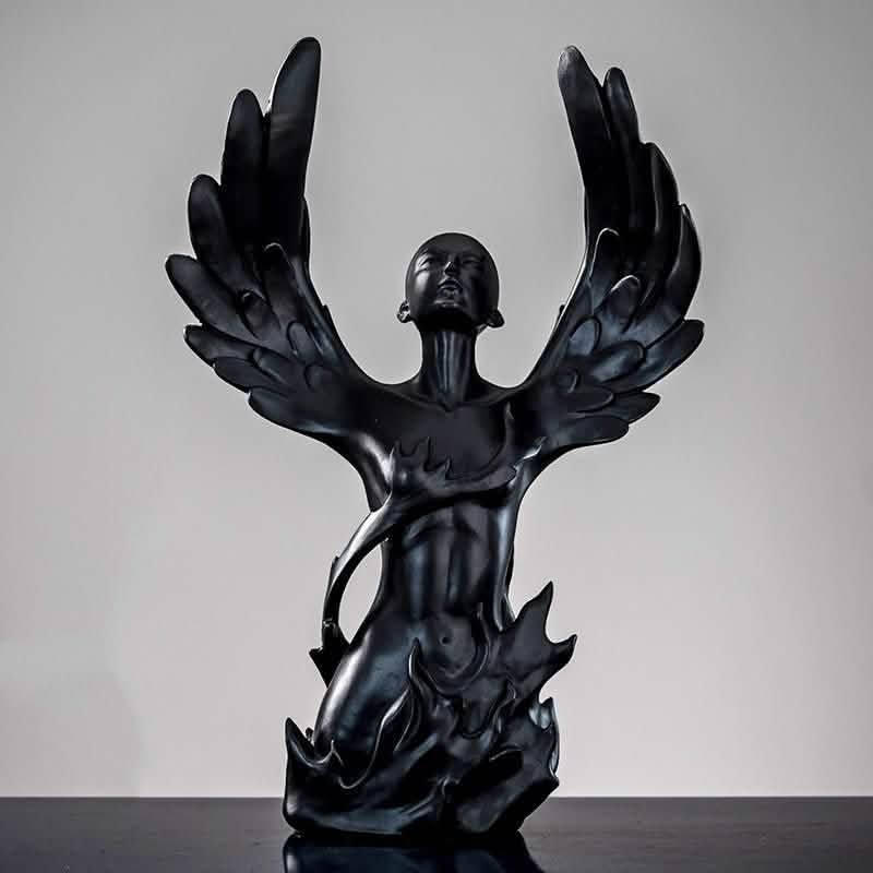 Ascending Winged Angel Sculpture | Resin & Copper Powder Art - Black Female -