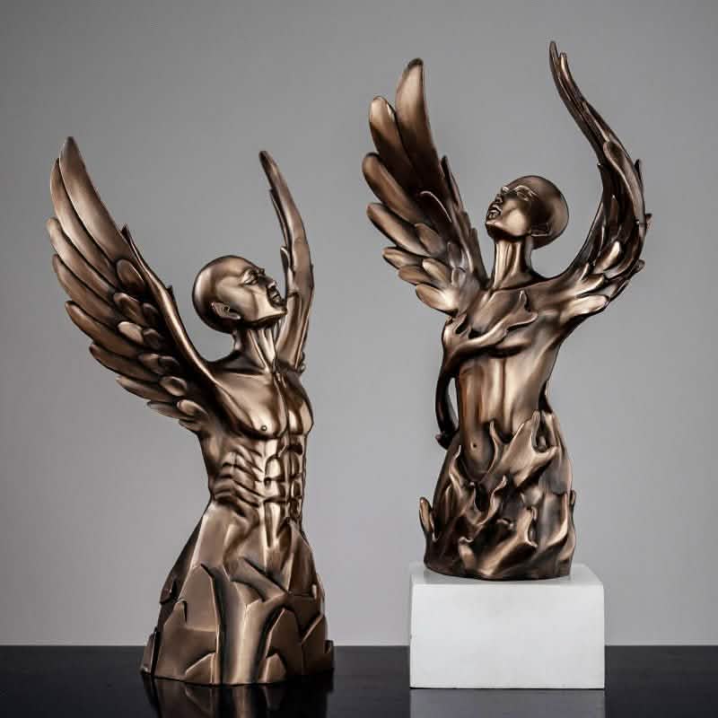 Ascending Winged Angel Sculpture | Resin & Copper Powder Art - Black Female -
