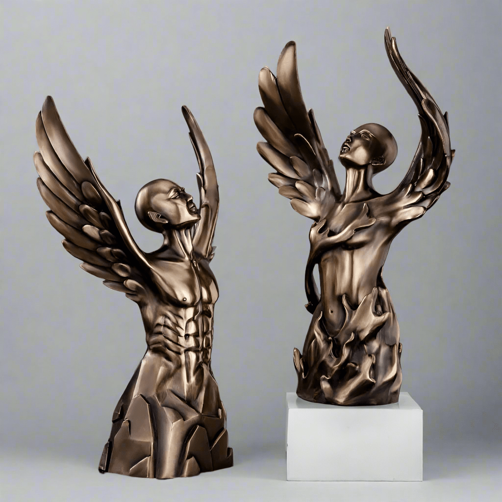 Ascending Winged Angel Sculpture | Resin & Copper Powder Art - Black Female -