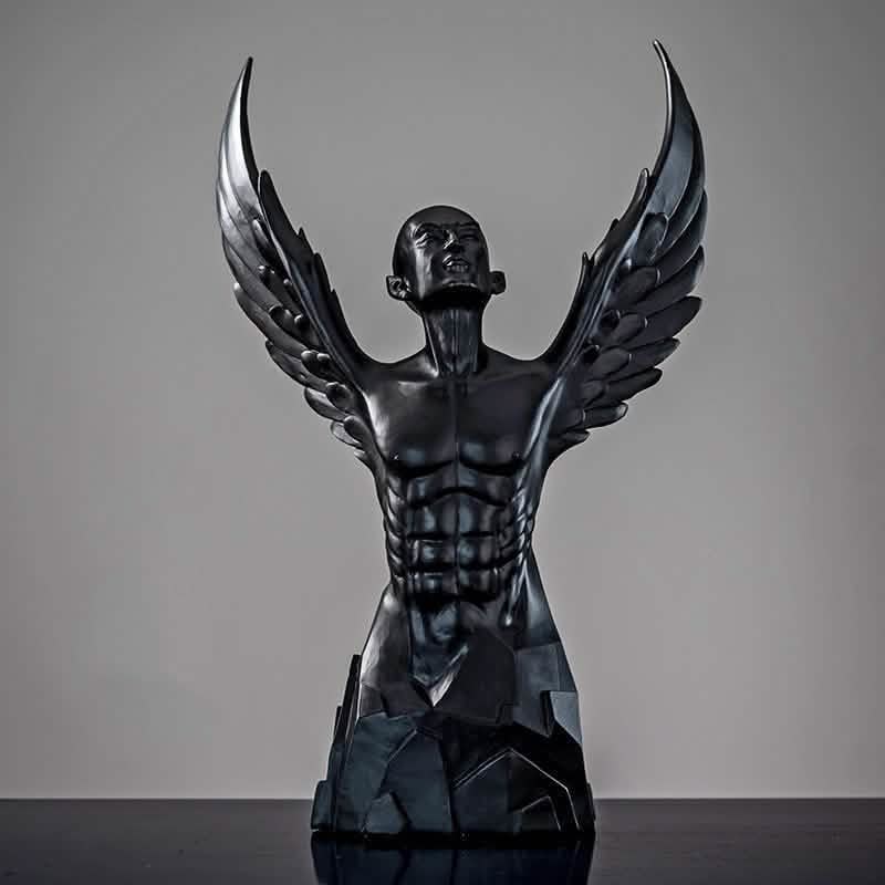 Ascending Winged Angel Sculpture | Resin & Copper Powder Art - Black Male -