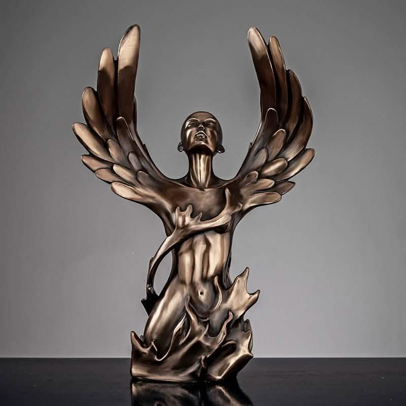 Ascending Winged Angel Sculpture | Resin & Copper Powder Art - Golden Female -
