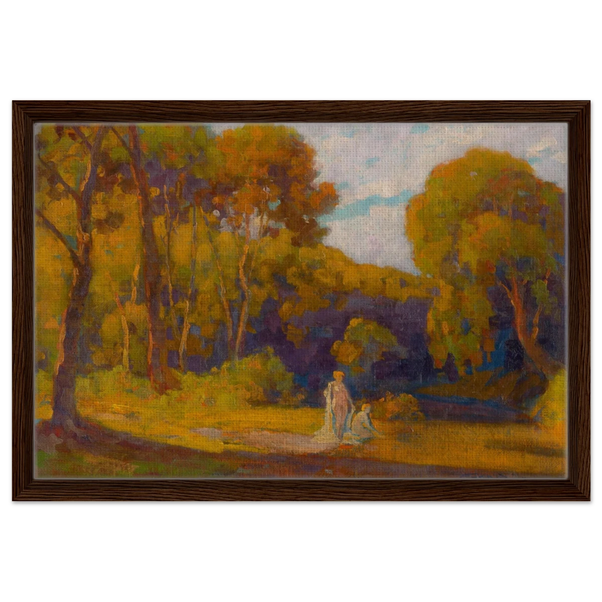 "At Sunset" by Lajos Csordák – Impressionist Landscape Wall Art Print - Framed Canvas - 40x60 cm / 16x24″ - Dark wood frame