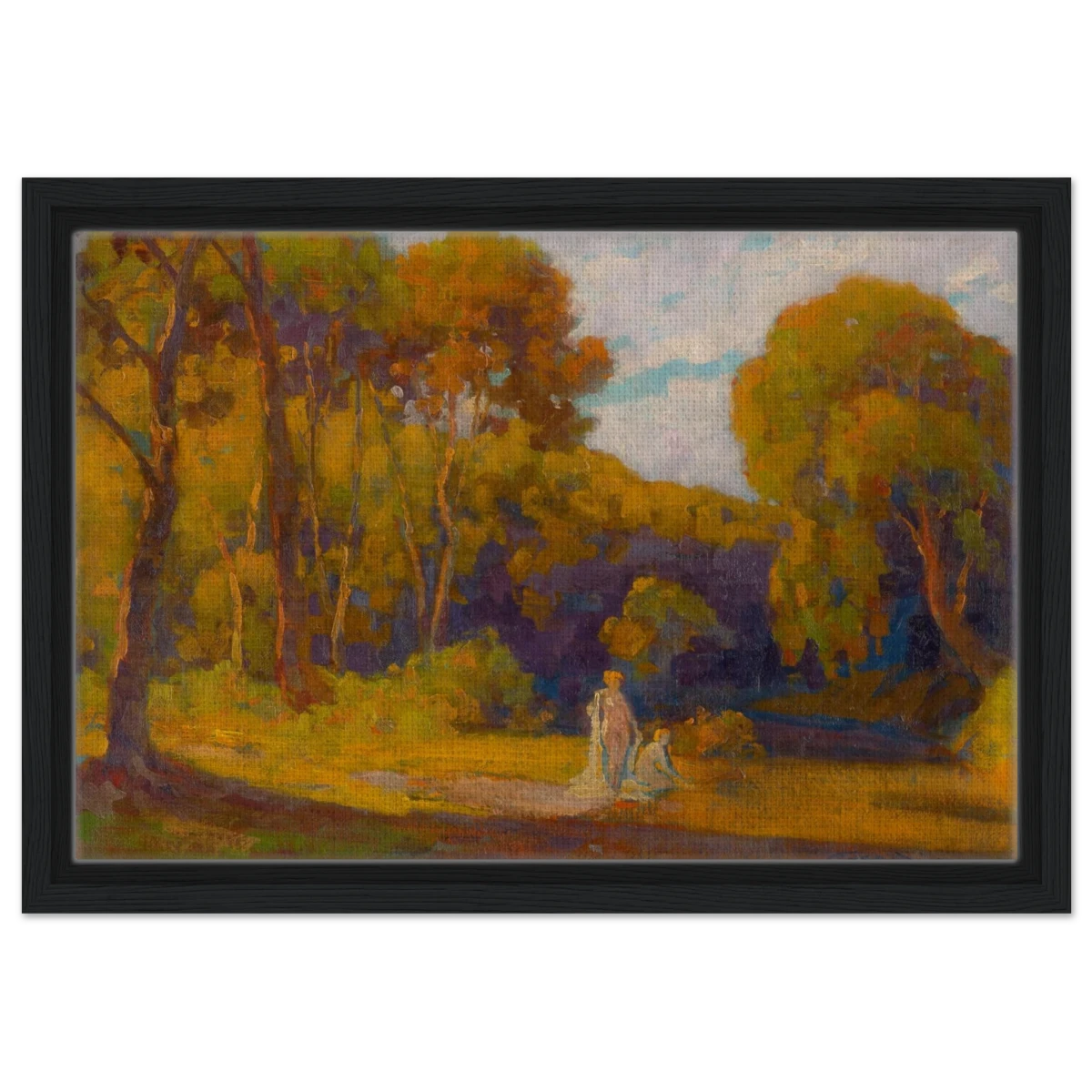 "At Sunset" by Lajos Csordák – Impressionist Landscape Wall Art Print - Framed Canvas - 30x45 cm / 12x18″ - Black frame