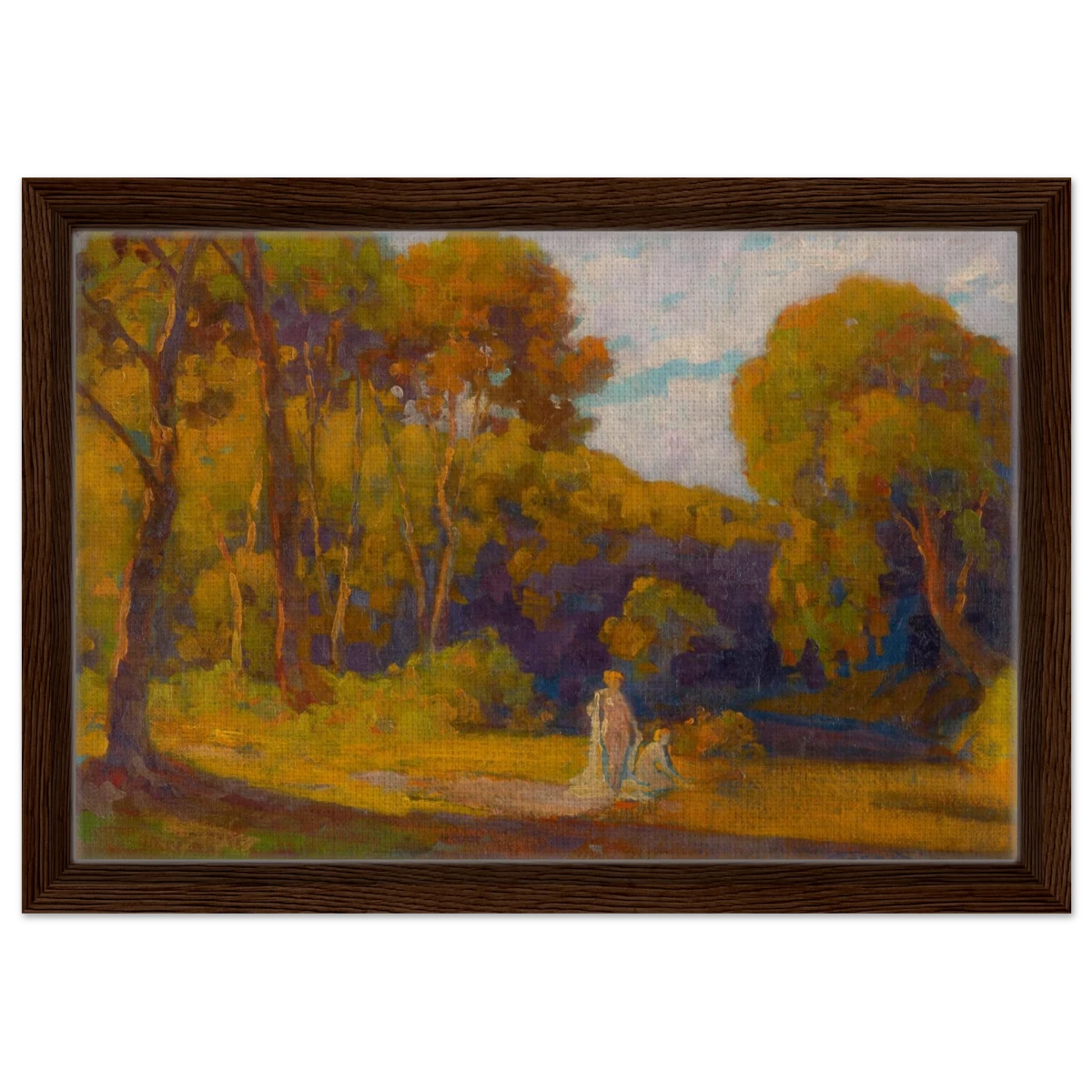 "At Sunset" by Lajos Csordák – Impressionist Landscape Wall Art Print - Framed Canvas - 30x45 cm / 12x18″ - Dark wood frame