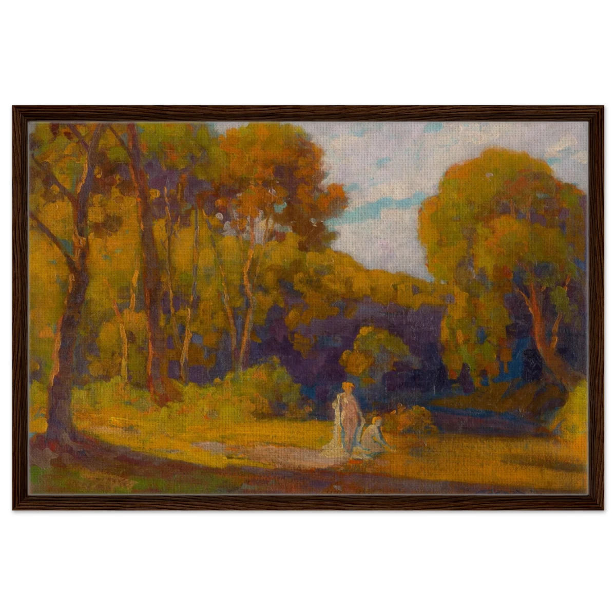 "At Sunset" by Lajos Csordák – Impressionist Landscape Wall Art Print - Framed Canvas - 60x90 cm / 24x36″ - Dark wood frame