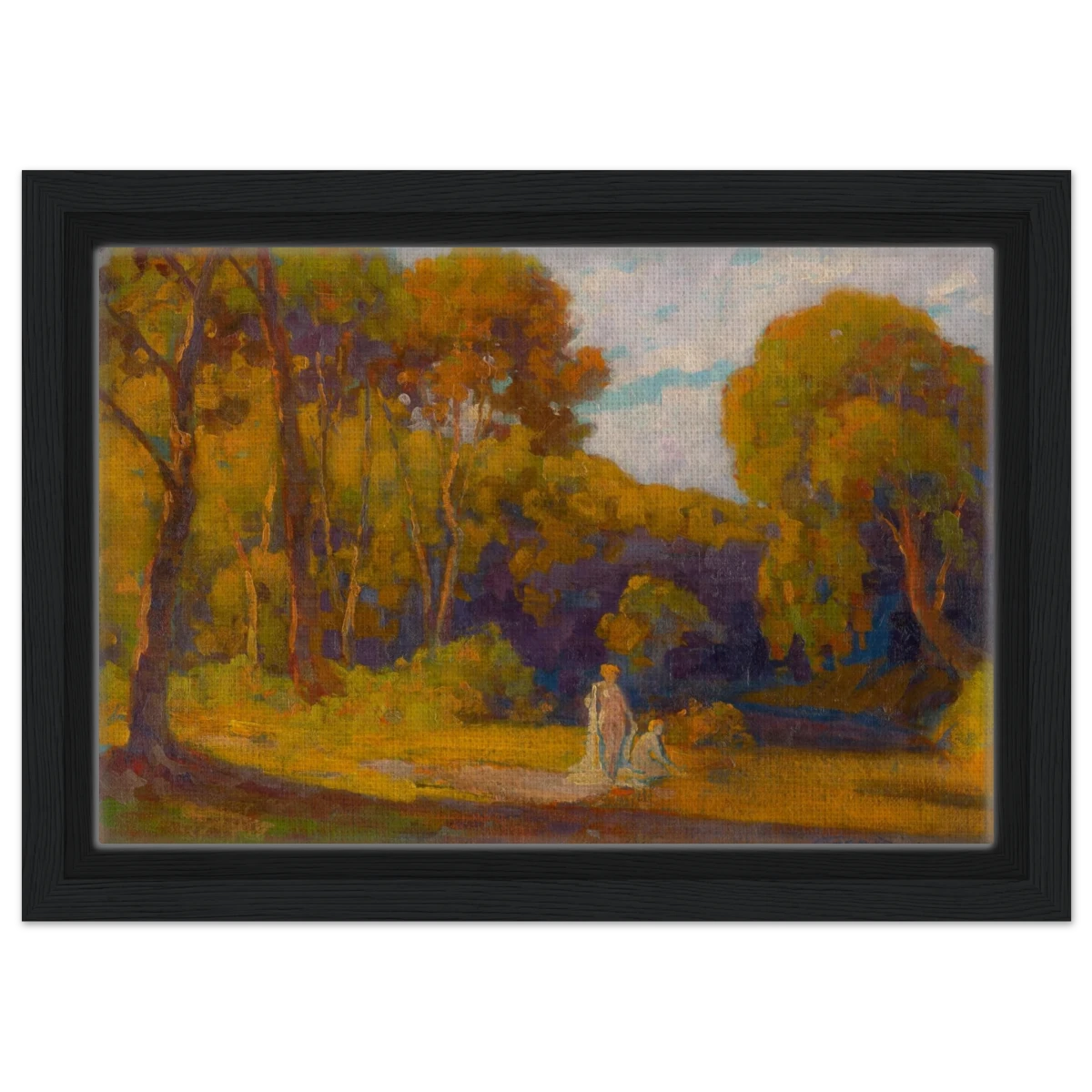 "At Sunset" by Lajos Csordák – Impressionist Landscape Wall Art Print - Framed Canvas - 20x30 cm / 8x12″ - Black frame