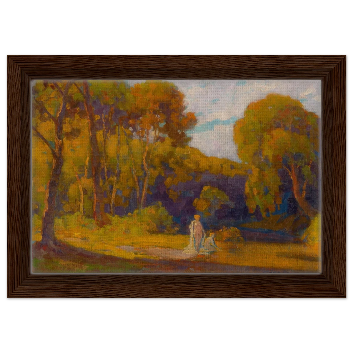 "At Sunset" by Lajos Csordák – Impressionist Landscape Wall Art Print - Framed Canvas - 20x30 cm / 8x12″ - Dark wood frame