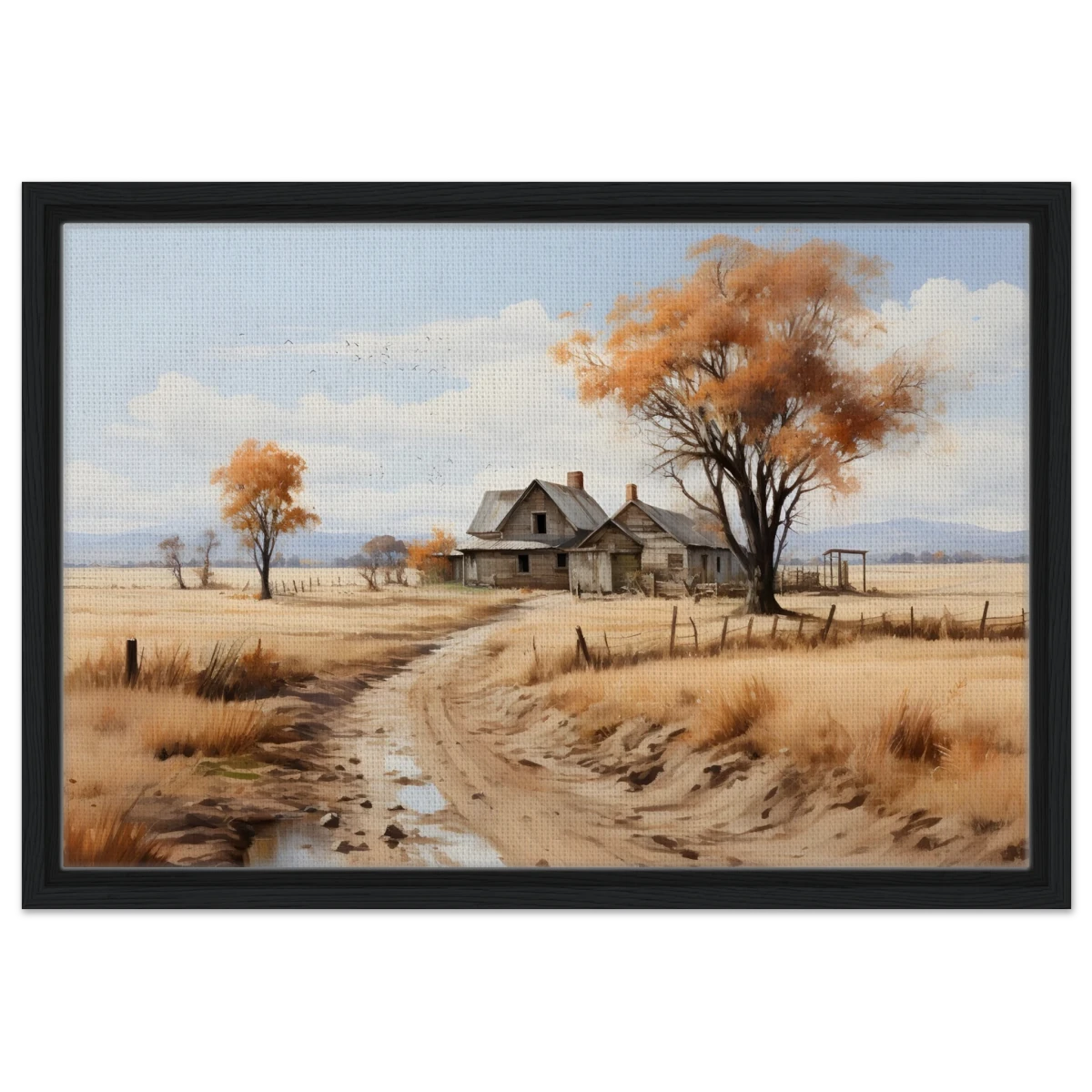 Autumn Homestead – Rustic Countryside Landscape Wall Art Print - Framed Canvas - 40x60 cm / 16x24″ - Black frame