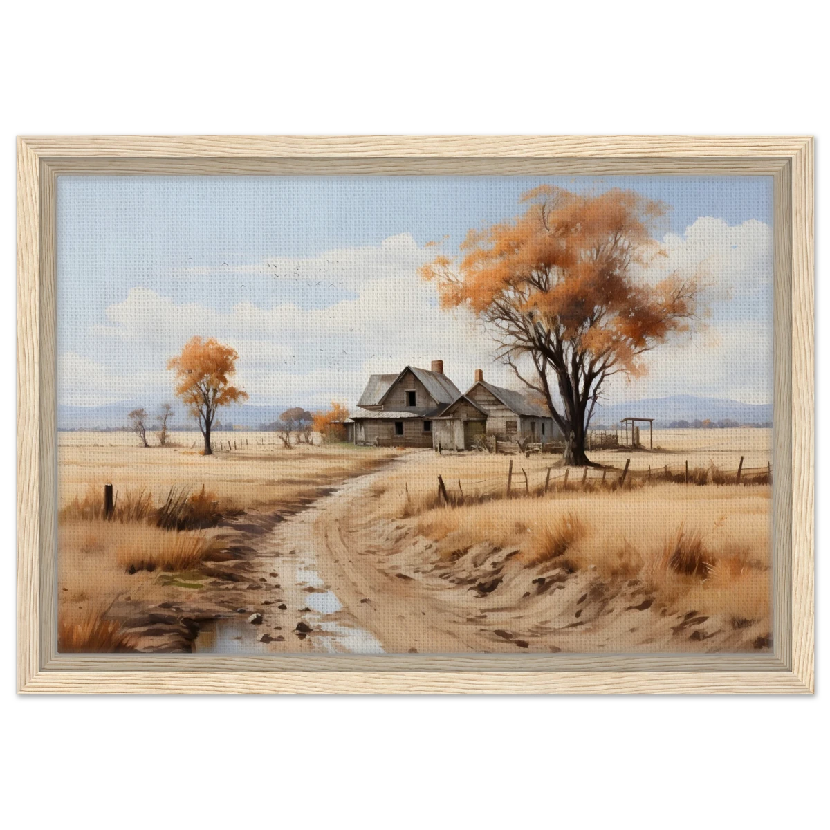 Autumn Homestead – Rustic Countryside Landscape Wall Art Print - Framed Canvas - 30x45 cm / 12x18″ - Wood frame