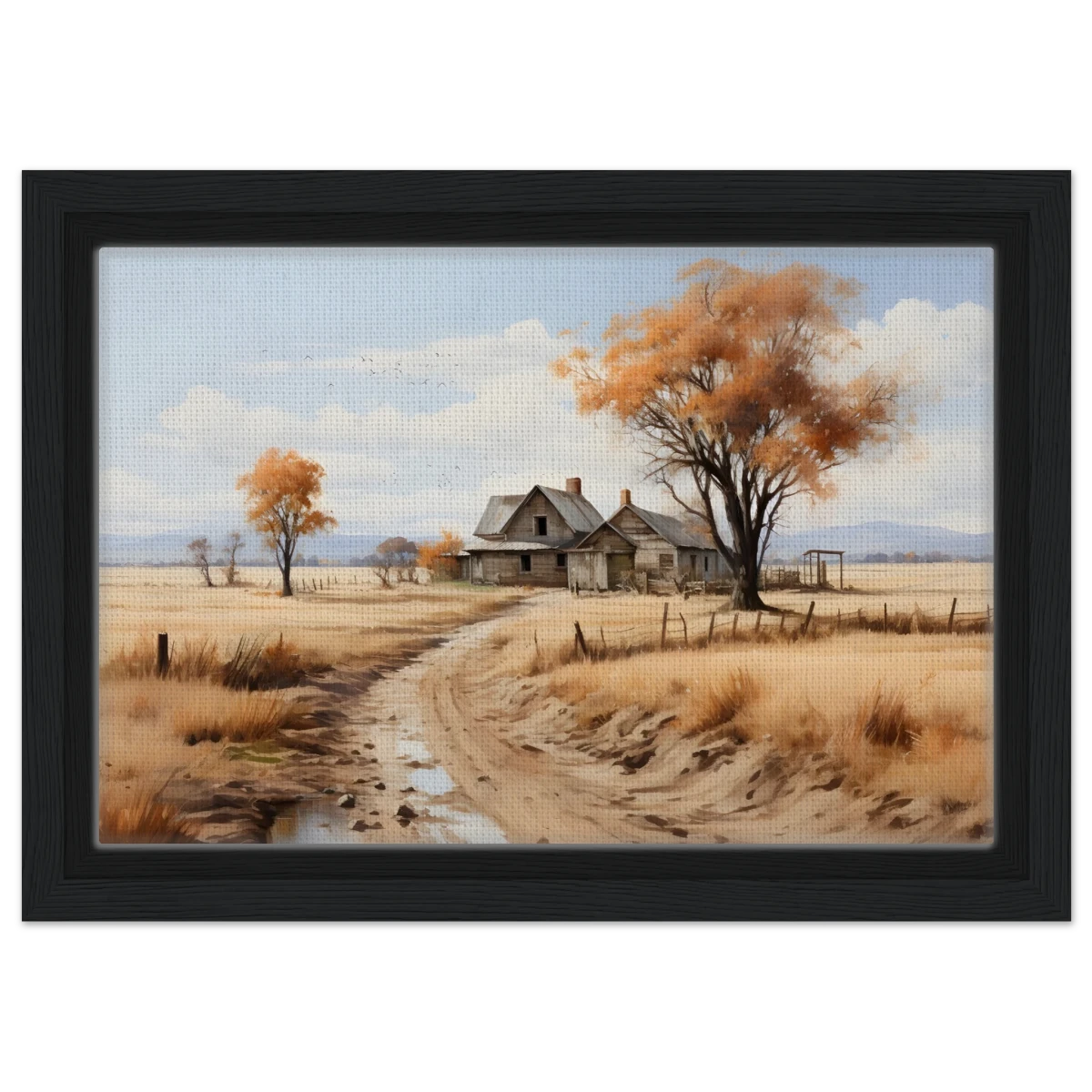 Autumn Homestead – Rustic Countryside Landscape Wall Art Print - Framed Canvas - 20x30 cm / 8x12″ - Black frame