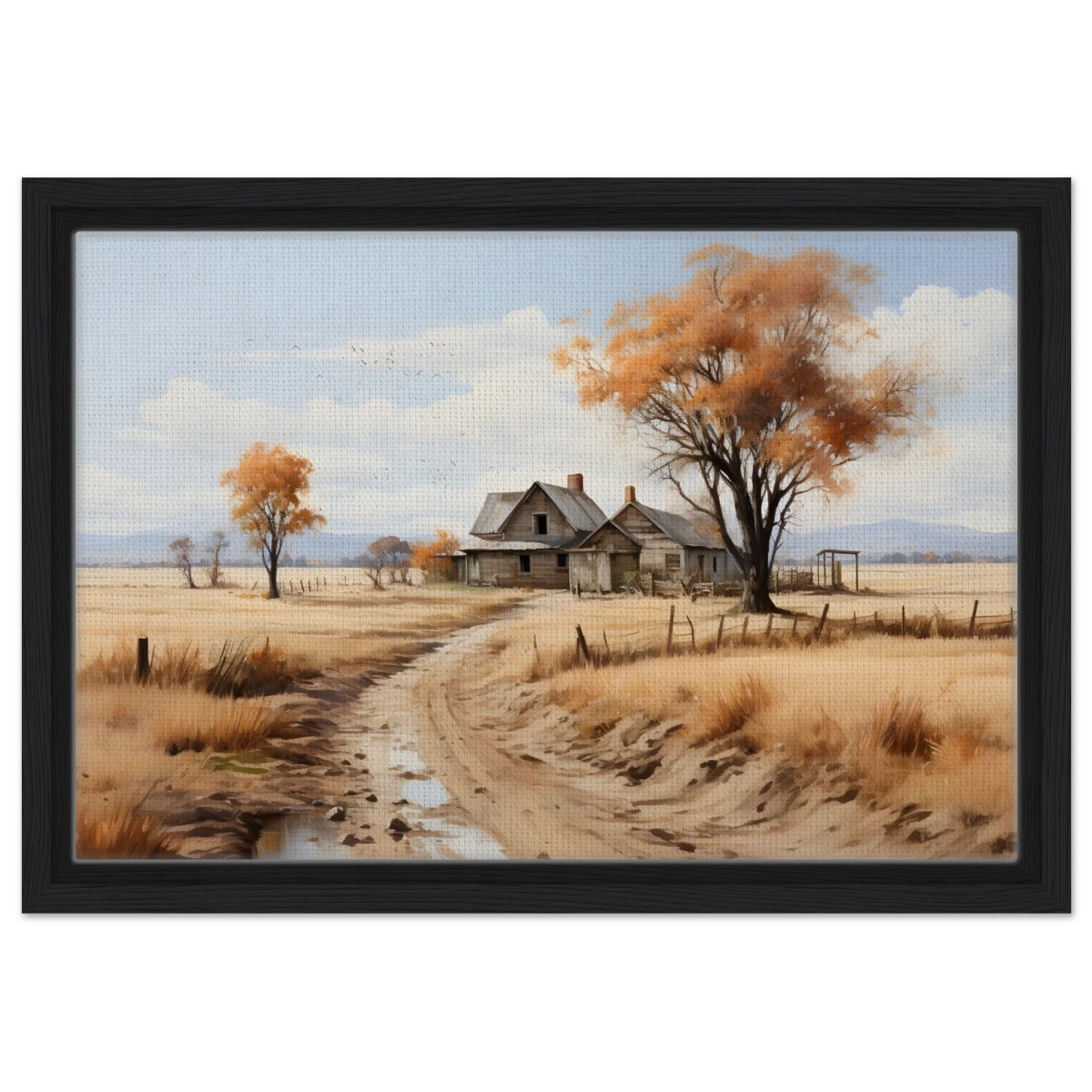 Autumn Homestead – Rustic Countryside Landscape Wall Art Print - Framed Canvas - 30x45 cm / 12x18″ - Black frame