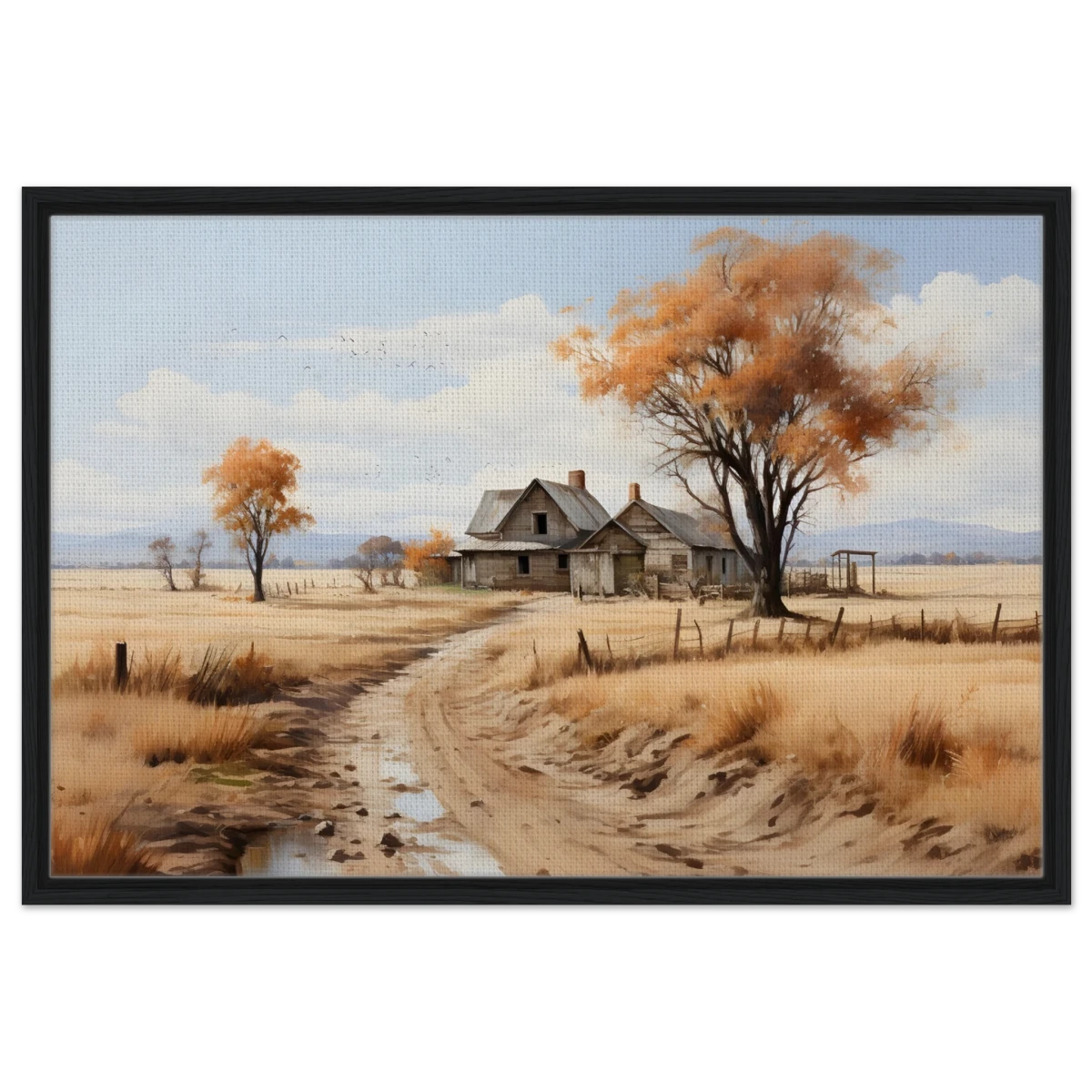 Autumn Homestead – Rustic Countryside Landscape Wall Art Print - Framed Canvas - 60x90 cm / 24x36″ - Black frame