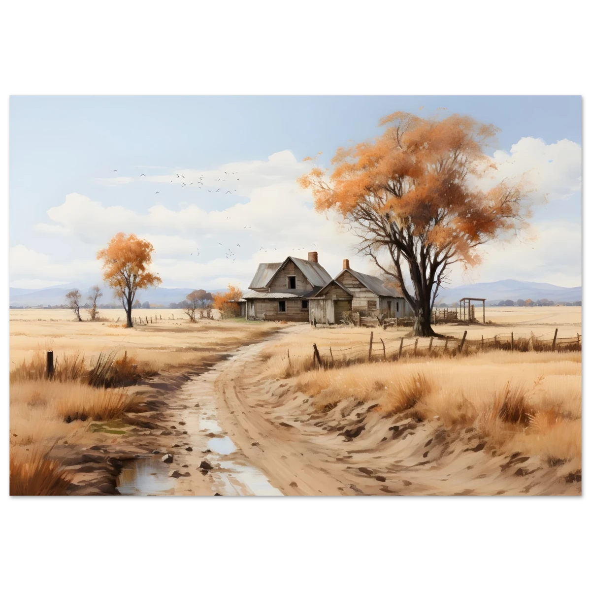 Autumn Homestead – Rustic Countryside Landscape Wall Art Print - Fine Art Poster - 70x100 cm / 28x40″ -