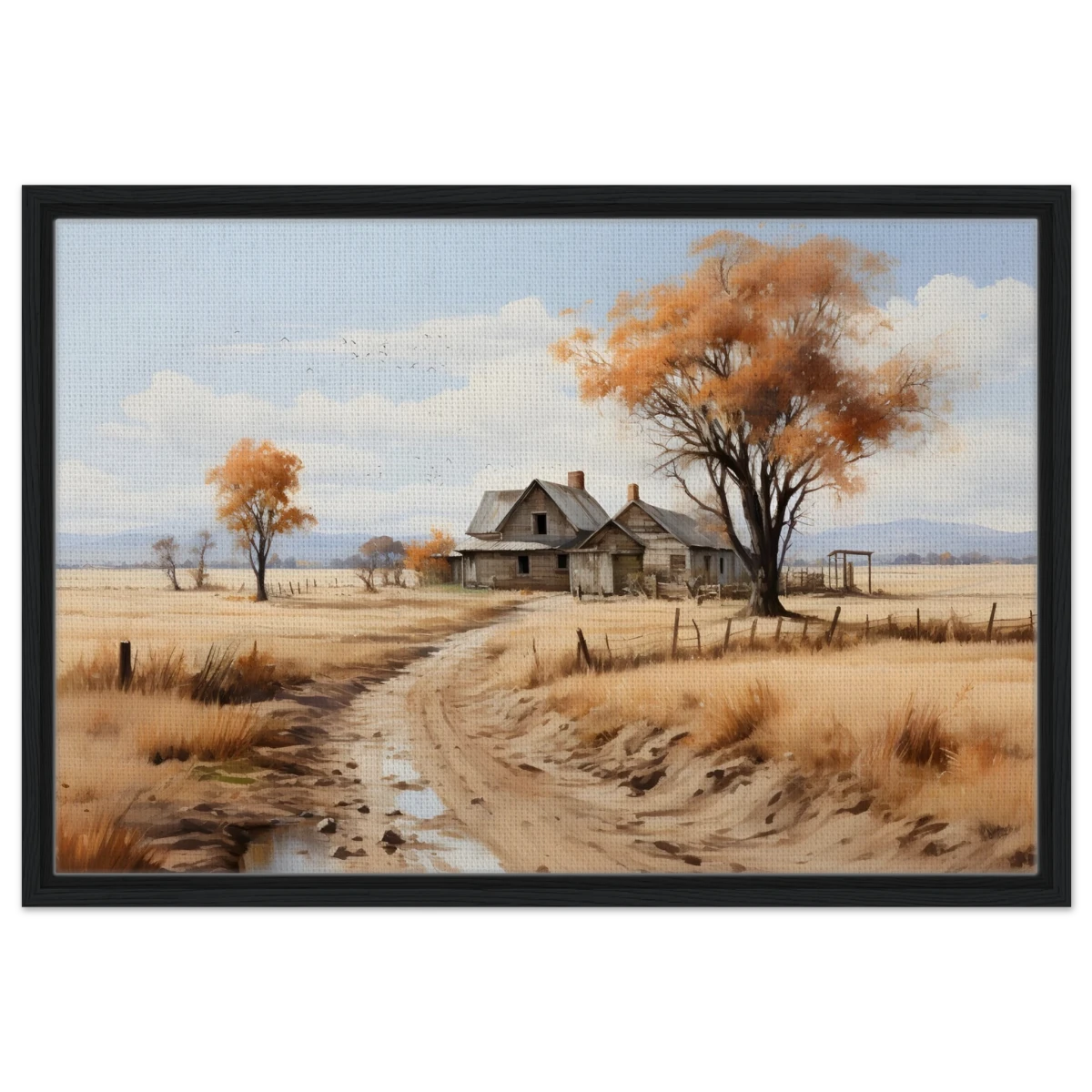 Autumn Homestead – Rustic Countryside Landscape Wall Art Print - Framed Canvas - 50x75 cm / 20x30″ - Black frame