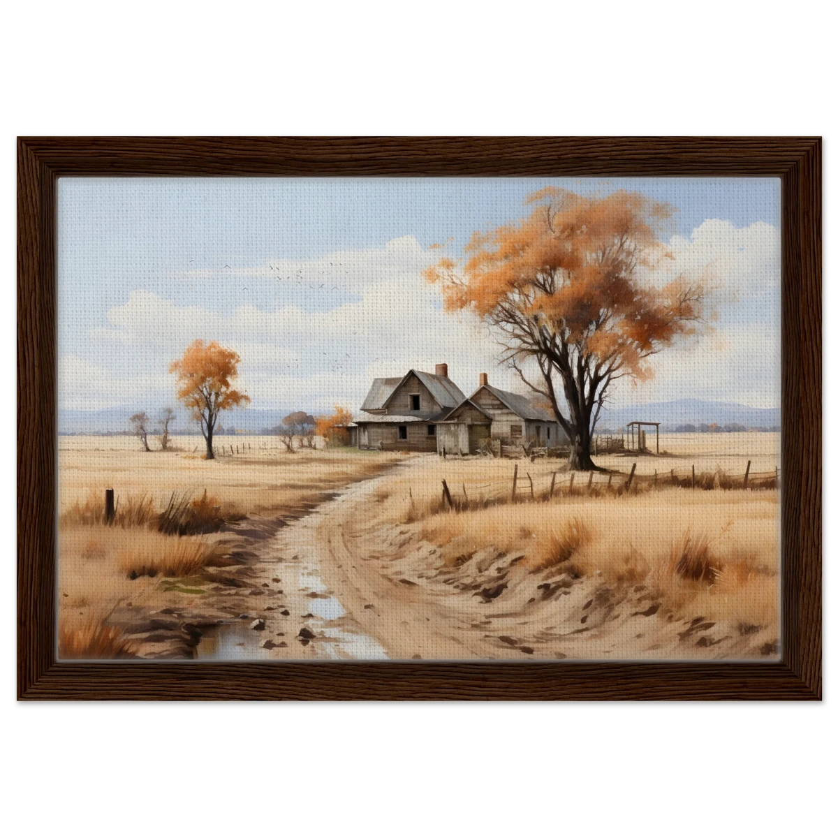 Autumn Homestead – Rustic Countryside Landscape Wall Art Print - Framed Canvas - 30x45 cm / 12x18″ - Dark wood frame