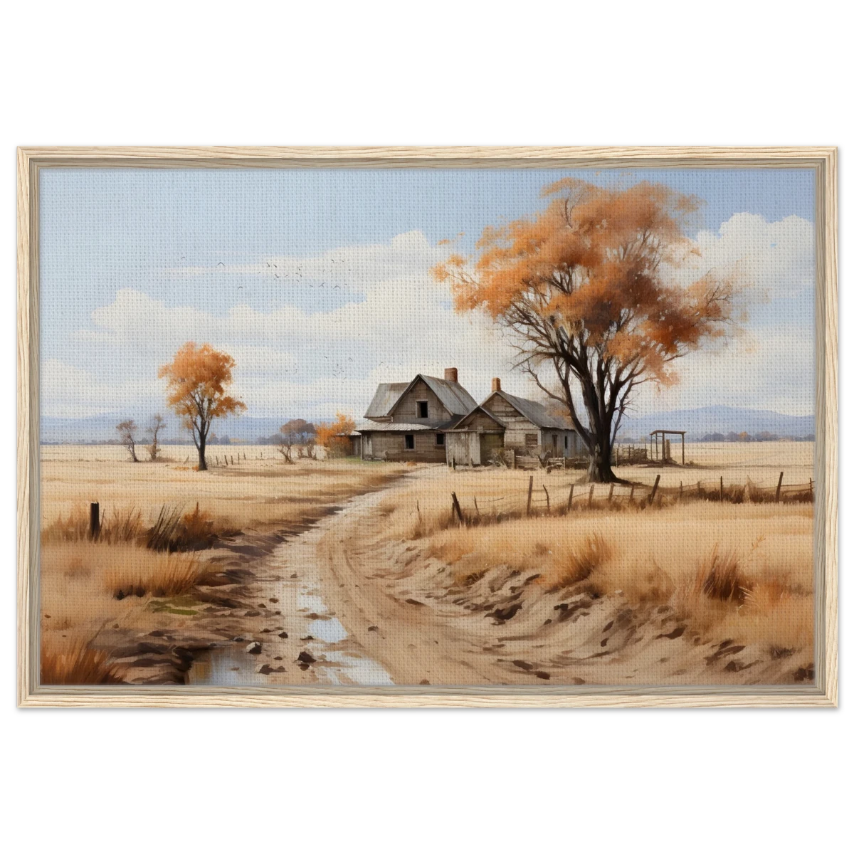 Autumn Homestead – Rustic Countryside Landscape Wall Art Print - Framed Canvas - 60x90 cm / 24x36″ - Wood frame